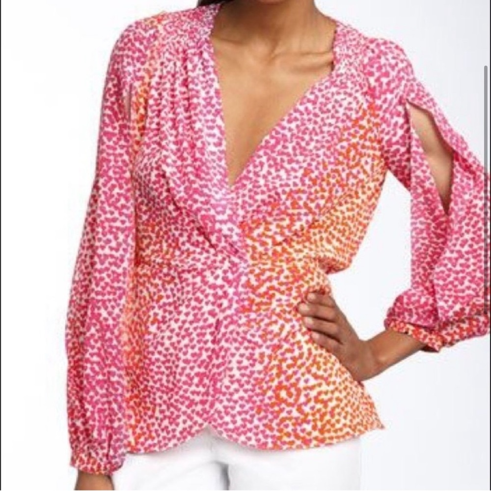 BCBGMAXAZRIA pink orange heart blouse split sleeve long sleeve